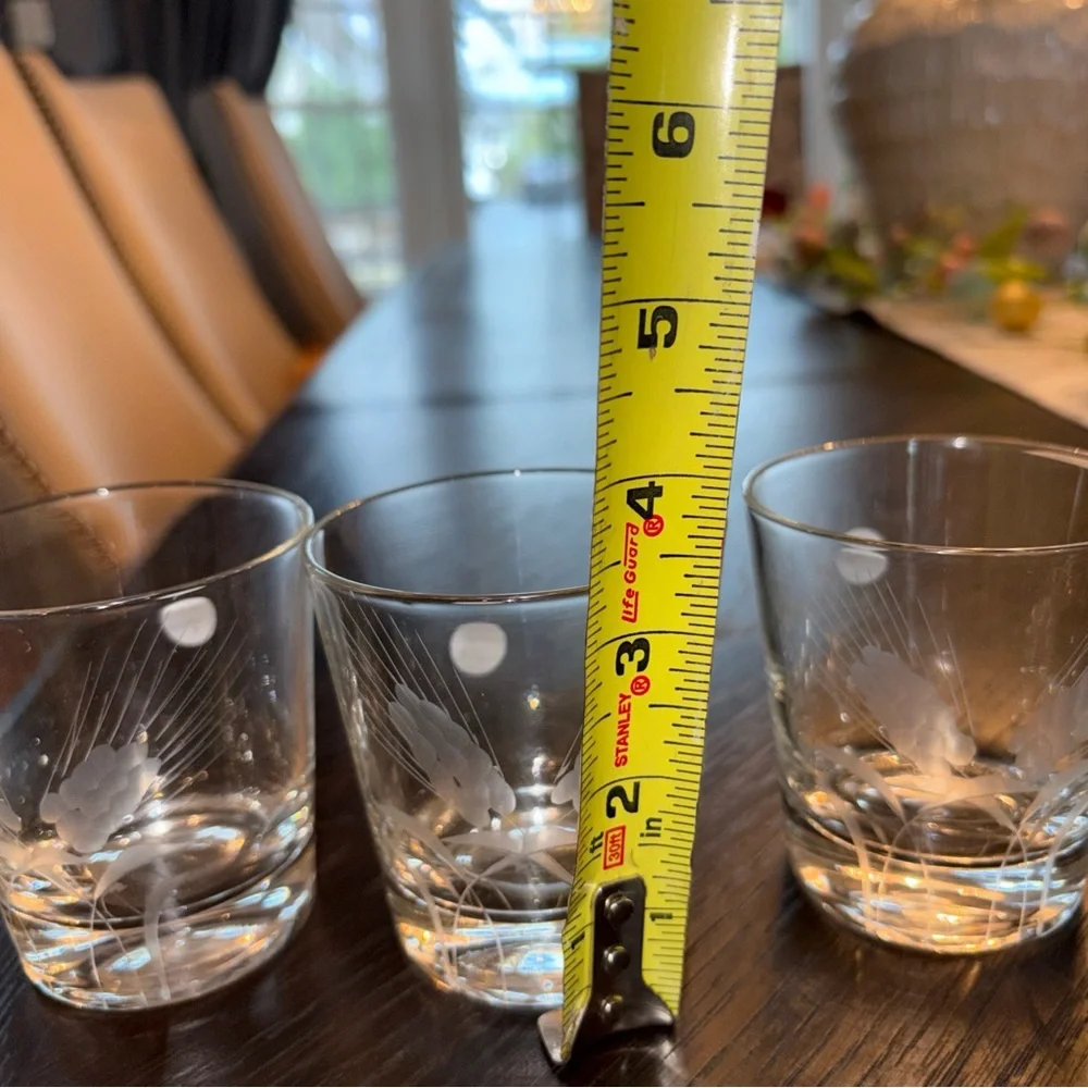 Vintage Wheat Etched Floral Clear Old Fashioned Glass Tumblers by Javit Set of 3